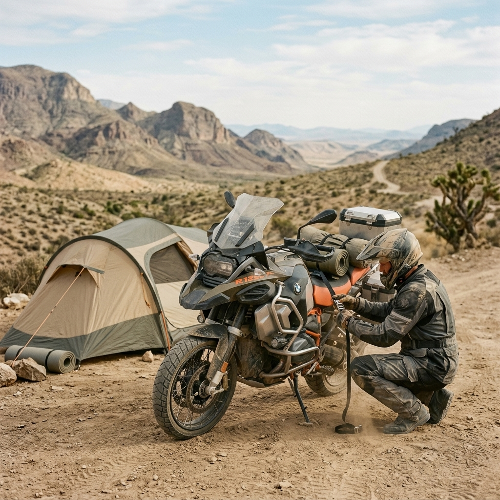 Tents for Camping: A motorcycle and tent on a trail representing specialized camping gear guides.