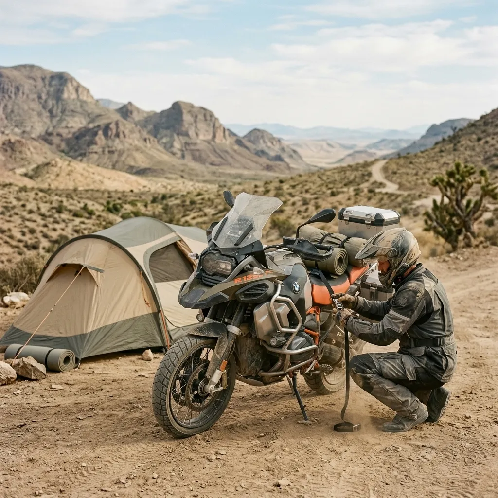 Tents for Camping: A motorcycle and tent on a trail representing specialized camping gear guides.
