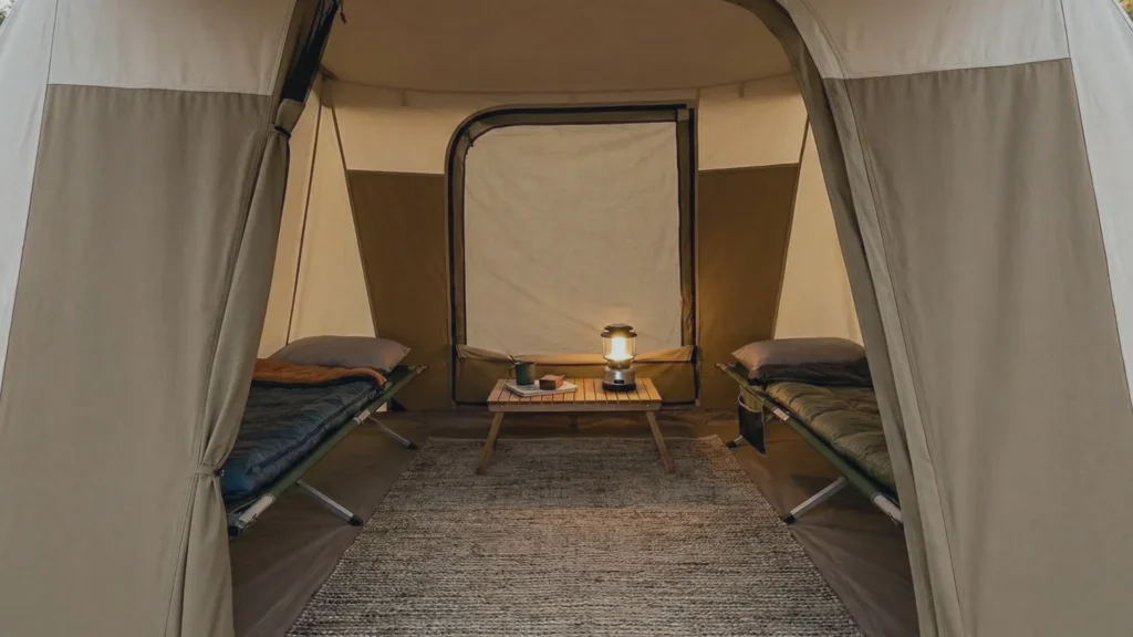 Interior layout of Teton Mesa canvas tent showing space for two cots and walking room.