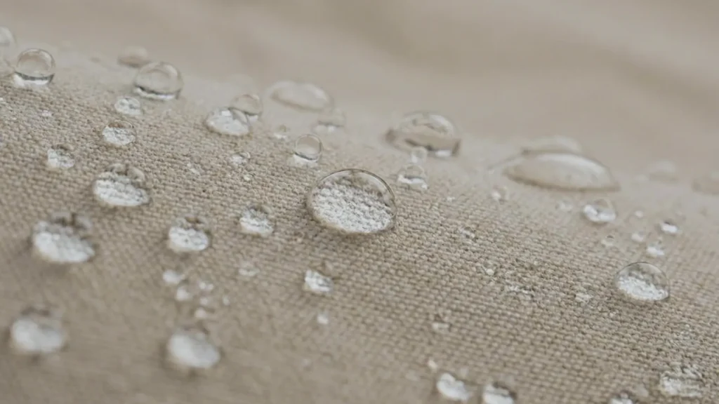 Rainwater beading on the seasoned cotton canvas of the Teton Mesa canvas tent.