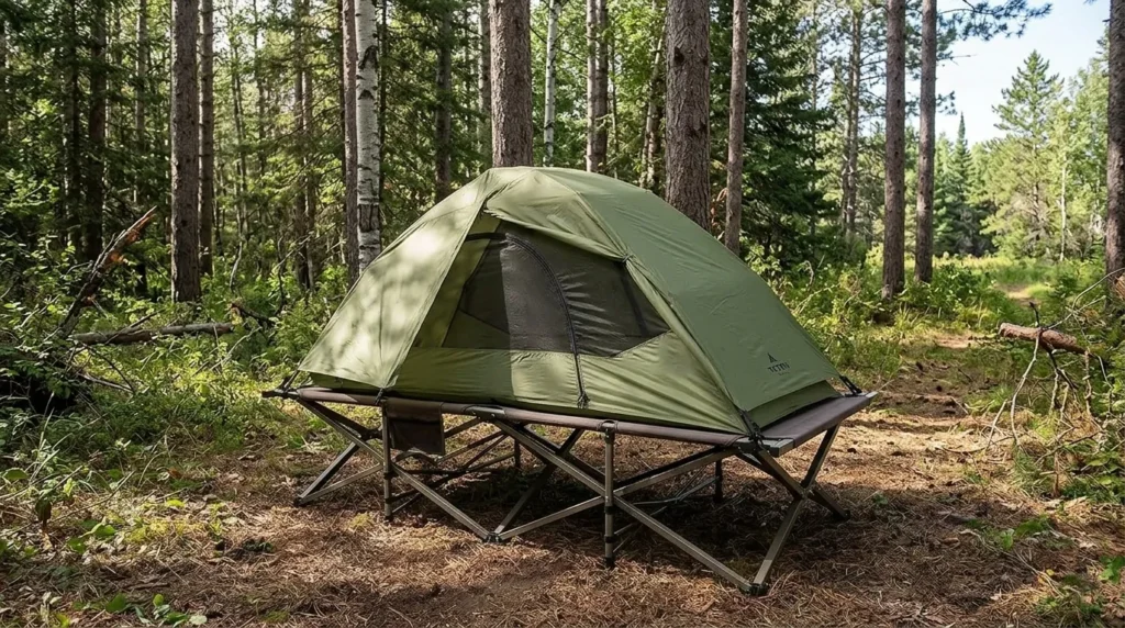 A TETON Sports Vista Quick Tent mounted on a camping cot for elevated off-the-ground comfort.