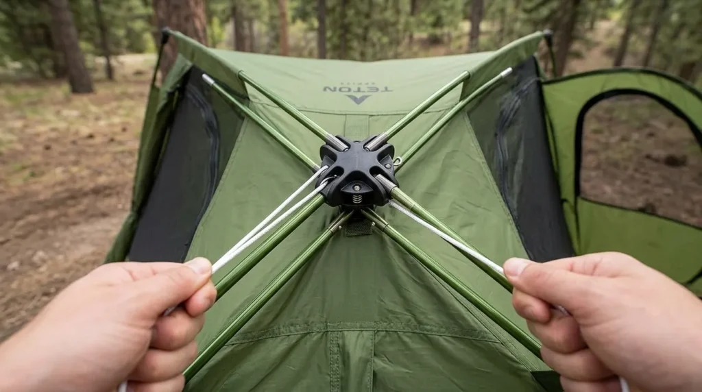 A close-up view of the manual pull-string hub setup on a TETON Sports Vista Quick Tent.