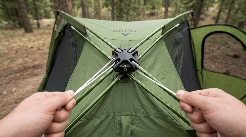 A close-up view of the manual pull-string hub setup on a TETON Sports Vista Quick Tent.