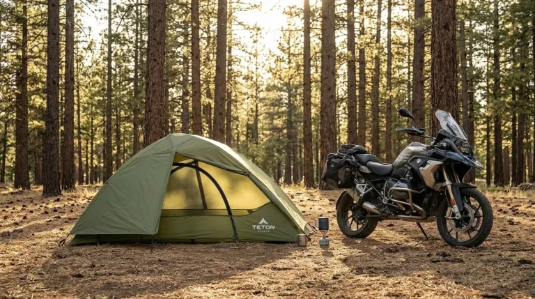 A TETON Sports Vista Quick Tent pitched in a forest clearing next to a motorcycle at sunset.