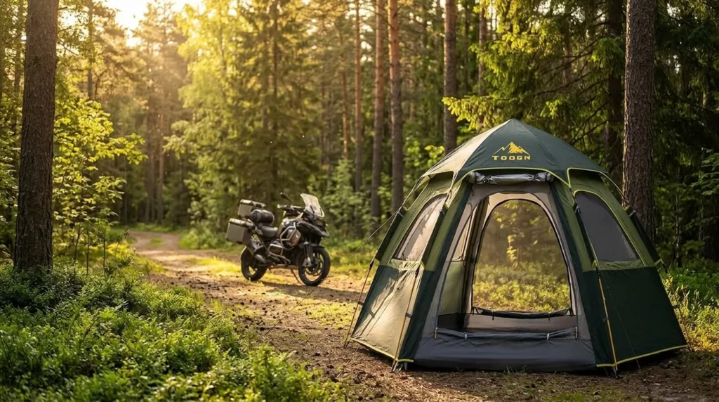 A camper relaxing next to a Toogh hexagon tent during a successful solo adventure trip.