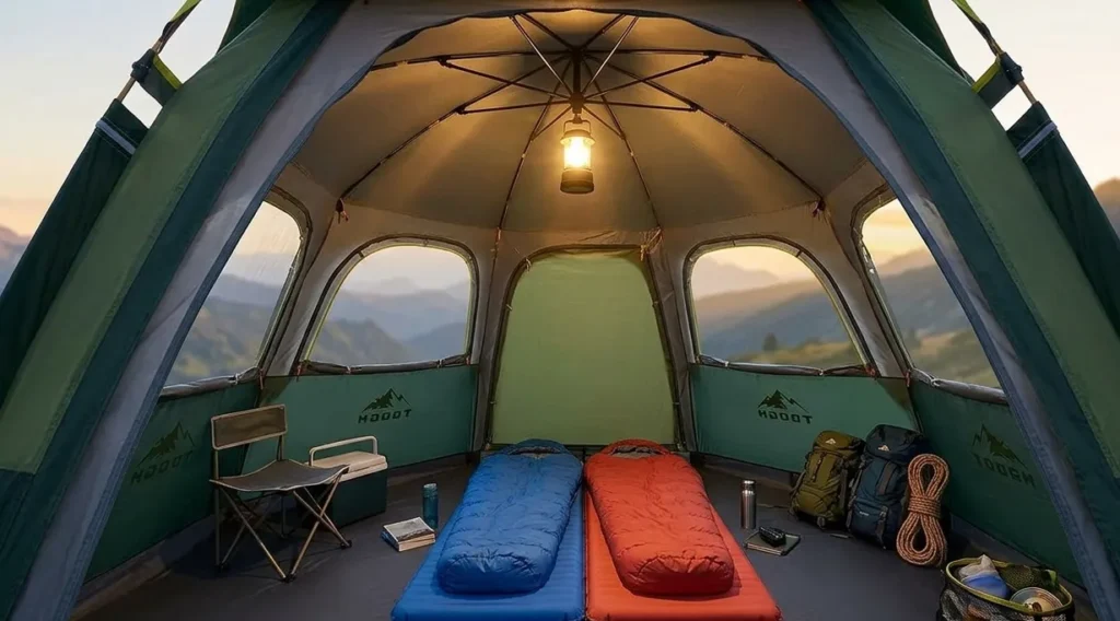 The interior floor plan of a Toogh hexagon tent showing gear storage in the corners.