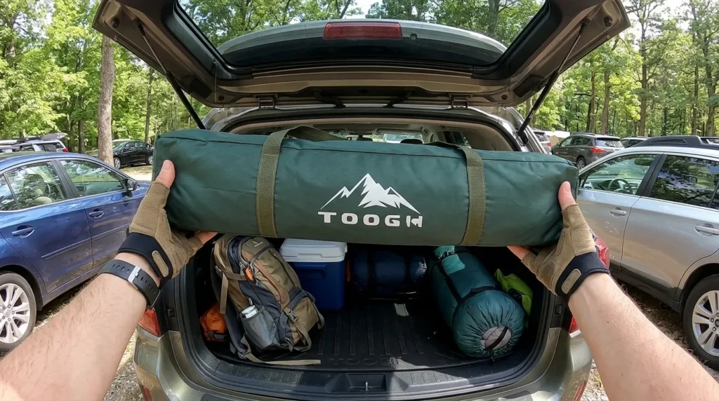A cylindrical Toogh tent bag being loaded into a car trunk to demonstrate its compact pack size.