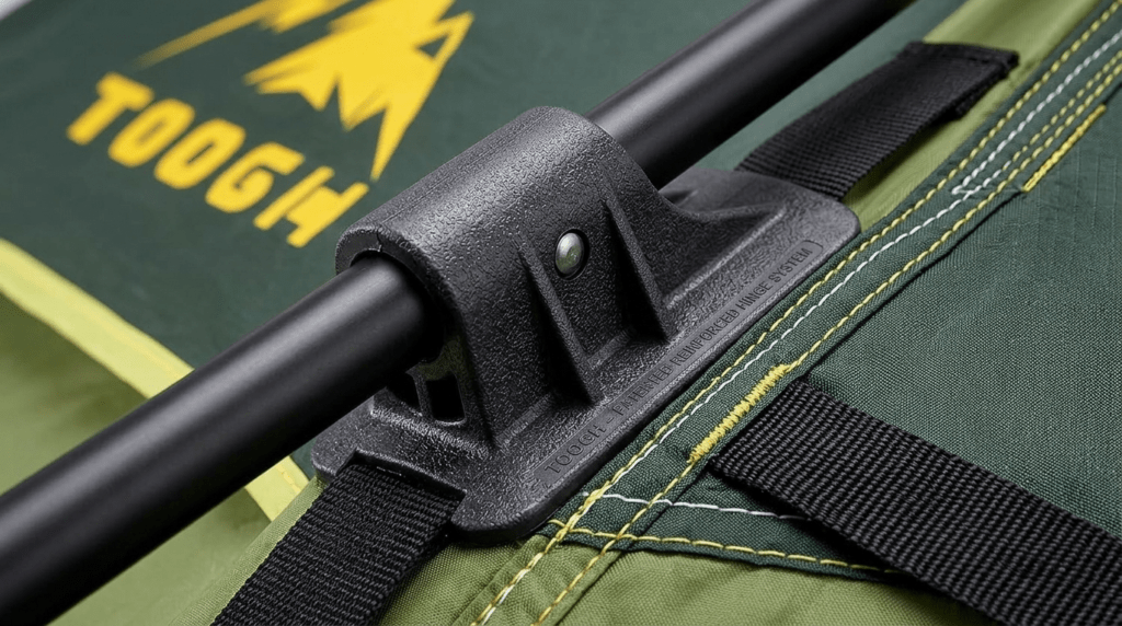 A detailed close up of the reinforced pole joints and durable 210D Oxford fabric on a Toogh tent.