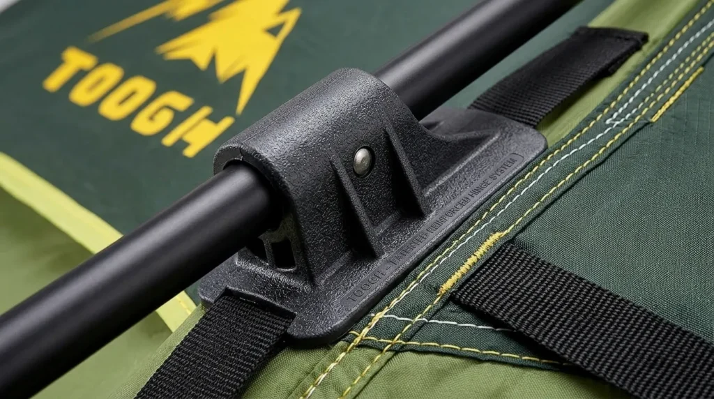A detailed close up of the reinforced pole joints and durable 210D Oxford fabric on a Toogh tent.