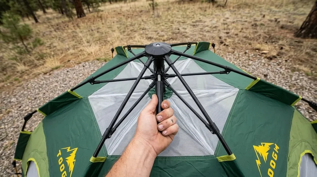 A close-up view of the manual lift-and-lock hub system on a Toogh tent.