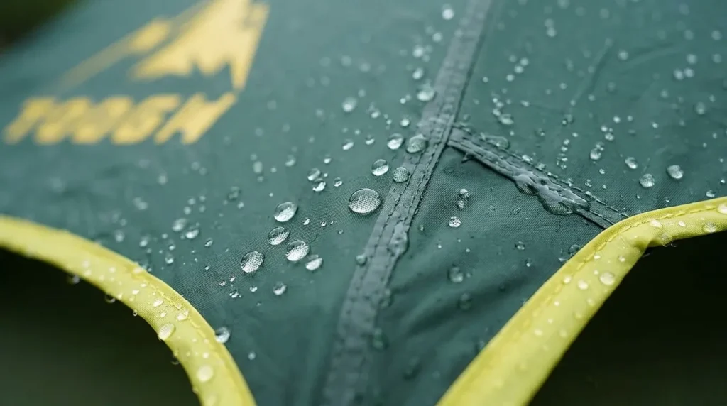A close-up view of water beading on the 3000mm waterproof fabric of a Toogh tent.