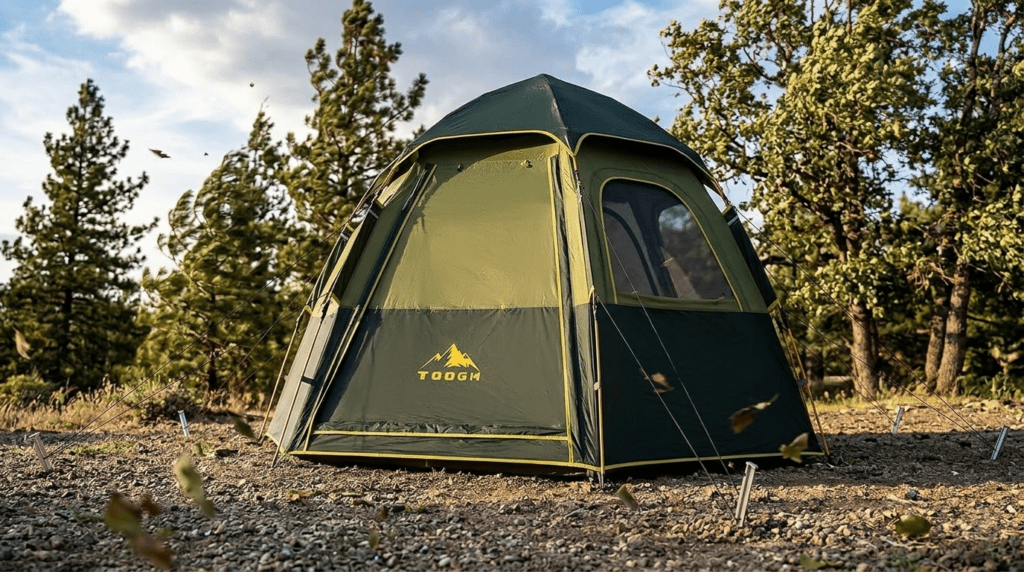 A Toogh tent anchored with tight guy lines and stakes to maintain stability in windy conditions.
