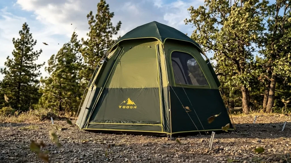 A Toogh tent anchored with tight guy lines and stakes to maintain stability in windy conditions.