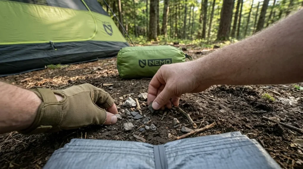 A camper clearing a campsite of sharp objects to protect the 15D floor of an ultralight tent.