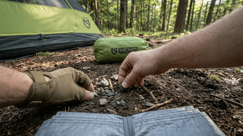 A camper clearing a campsite of sharp objects to protect the 15D floor of an ultralight tent.