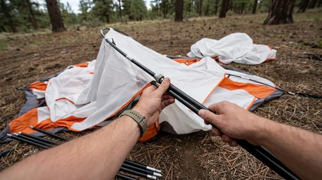 A person setting up the automatic aluminum hub mechanism on a Vidalido tent.