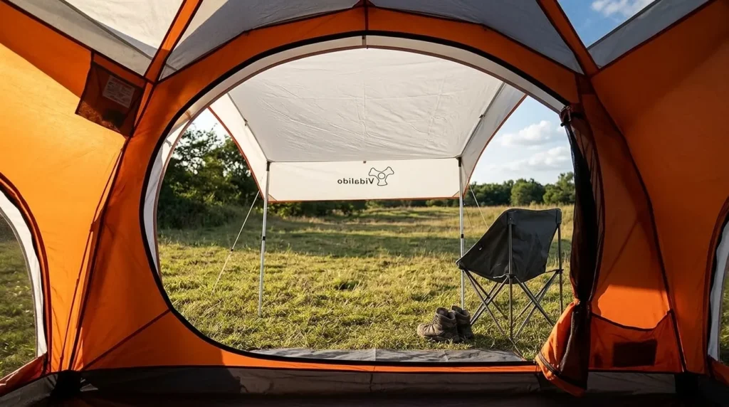 The large front awning of a Vidalido tent providing shade and gear storage at a campsite.