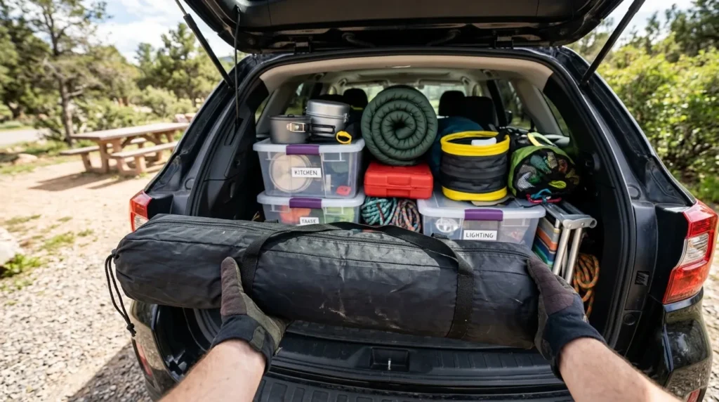 The cylindrical carry bag of a Vidalido tent being loaded into a car trunk.