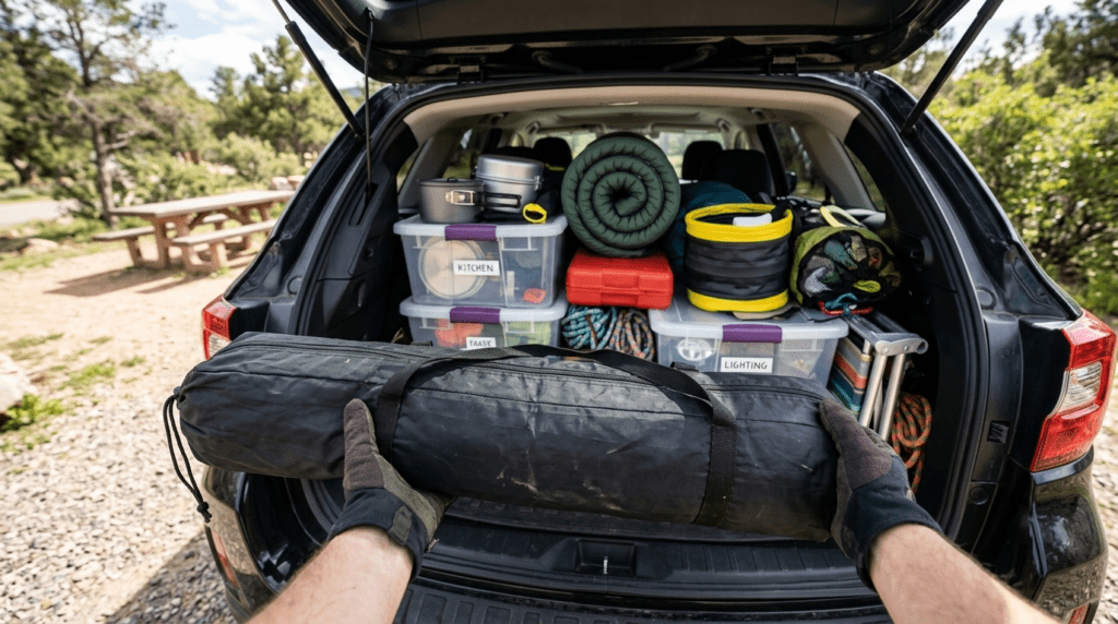 The cylindrical carry bag of a Vidalido tent being loaded into a car trunk.