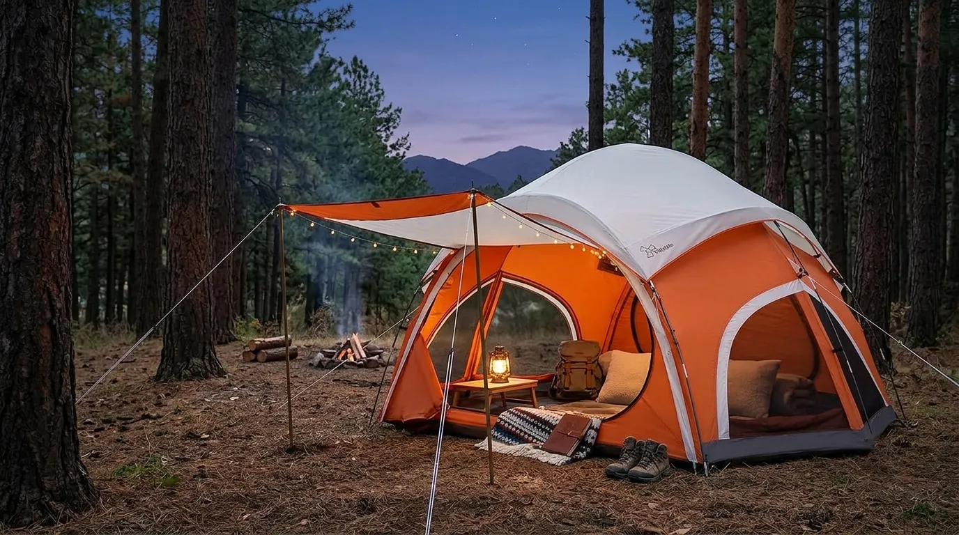 A white Vidalido automatic teepee tent set up in a scenic forest clearing at night.