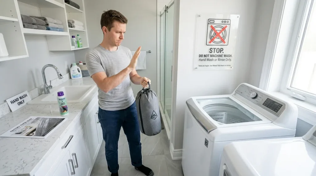 A person gesturing no to a washing machine while holding a technical camping tent to warn against machine washing gear.
