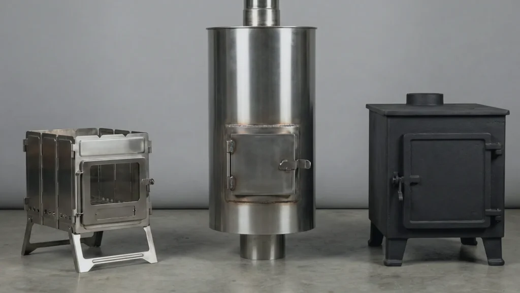 Comparison of titanium folding, steel cylinder, and iron box wood stoves for hot tent camping.