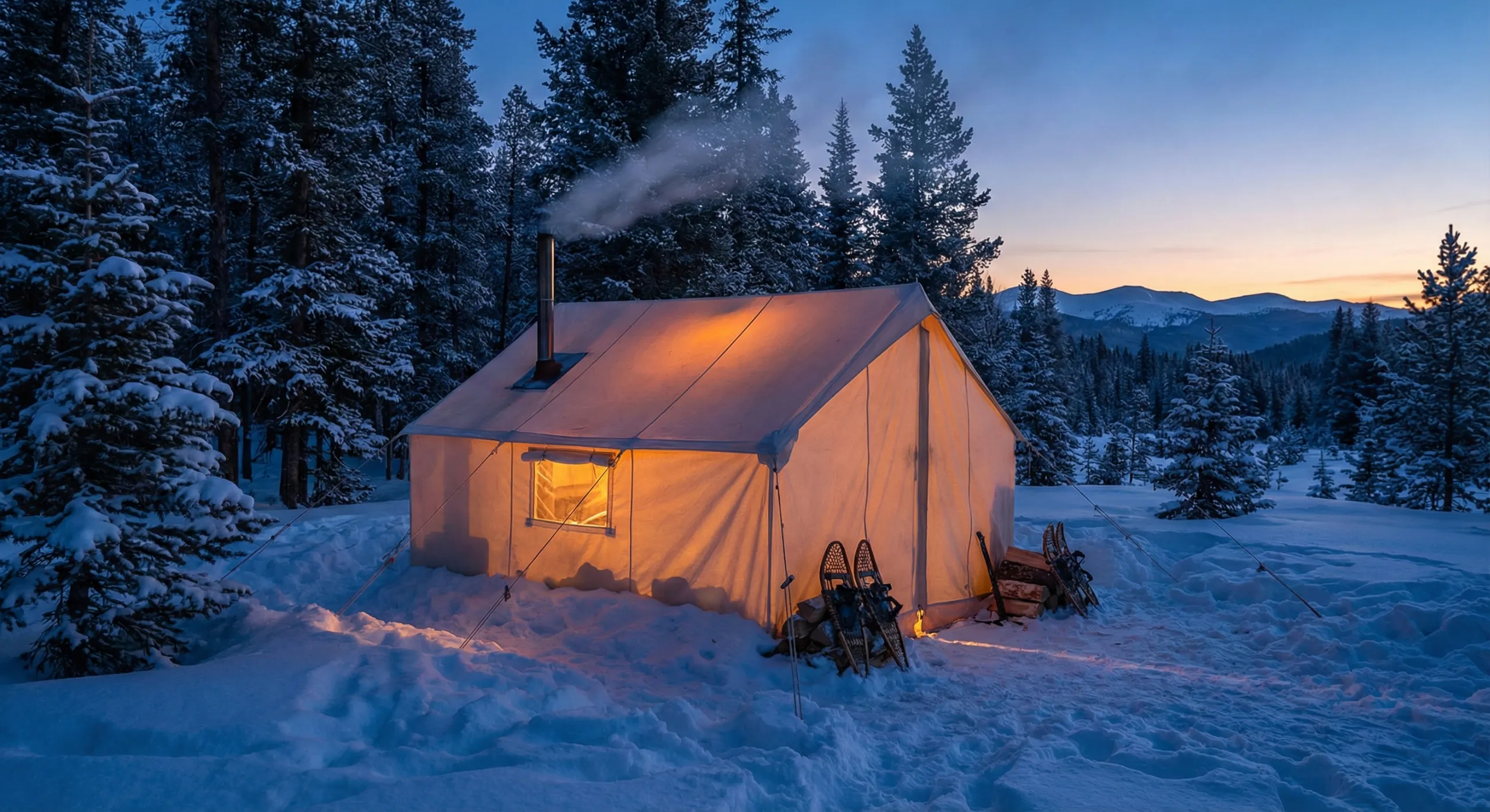 A canvas hot tent with a wood stove chimney pitched in the snow at night.