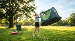 A person demonstrating the fast expansion of a circular pop up tent in a sunny park.