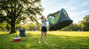 A person demonstrating the fast expansion of a circular pop up tent in a sunny park.