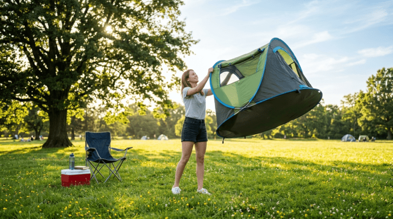 A person demonstrating the fast expansion of a circular pop up tent in a sunny park.