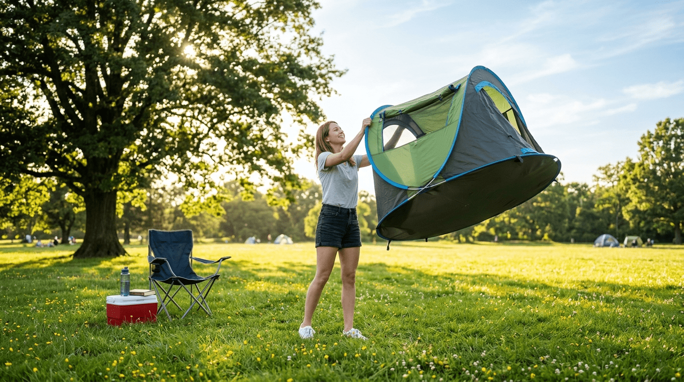A person demonstrating the fast expansion of a circular pop up tent in a sunny park.