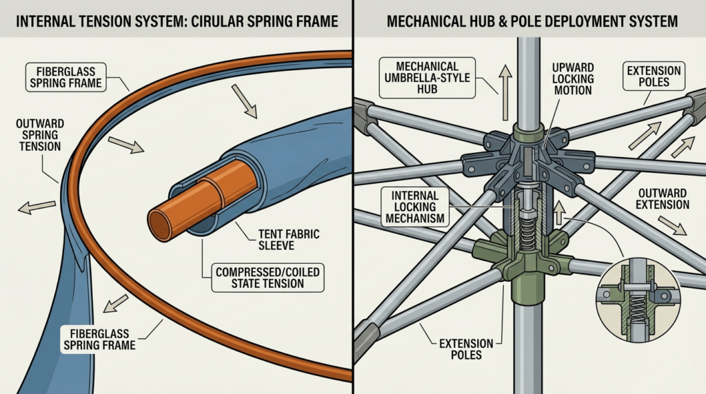 A technical comparison showing the difference between a circular spring frame and a mechanical hub system in pop up tents.