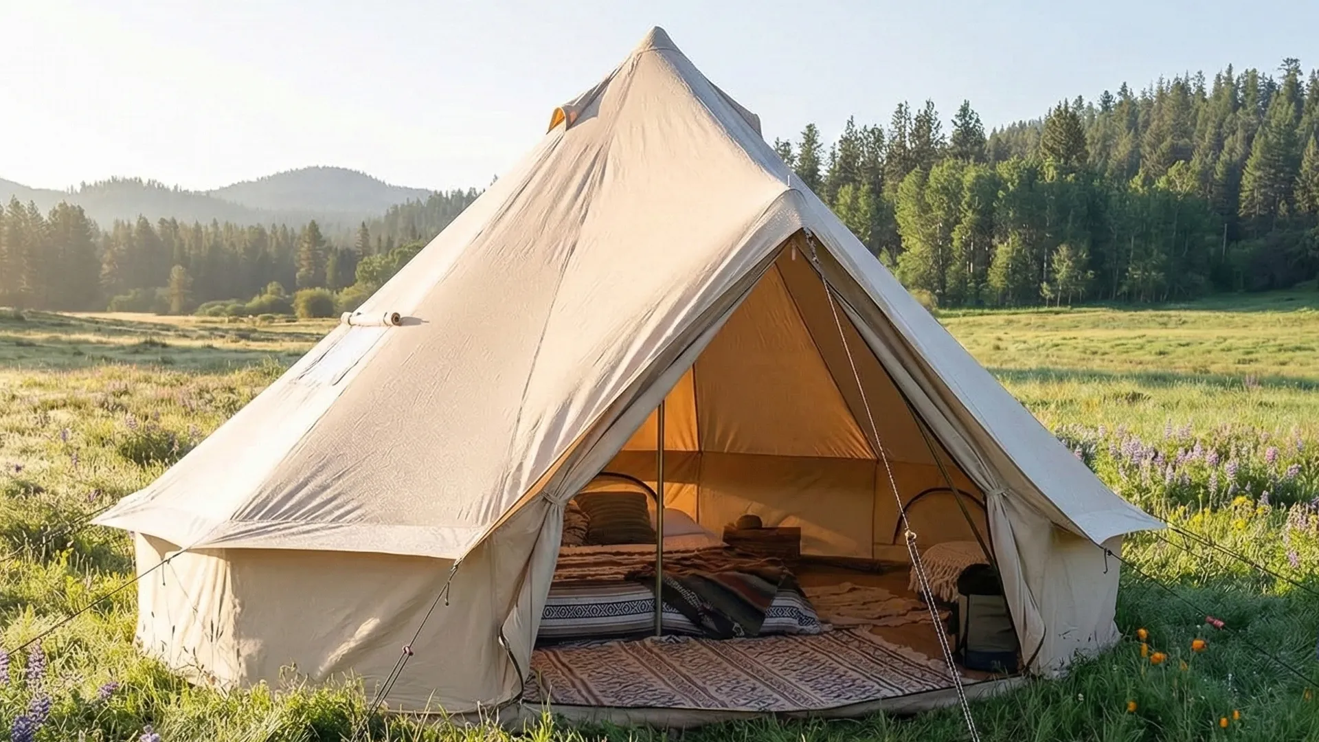 White Duck Regatta Bell Tent pitched in a sunny meadow for glamping.