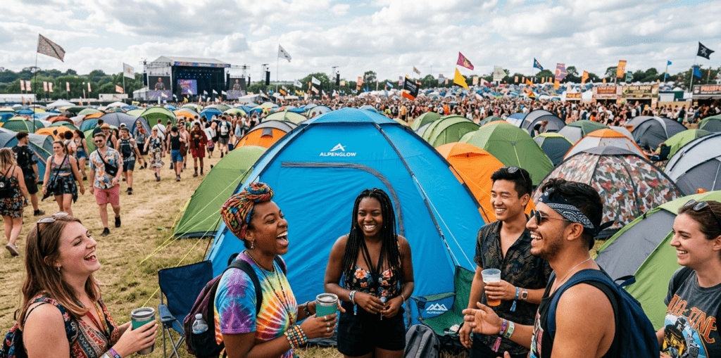 A group of friends using a pop up tent at a music festival demonstrating its convenience for social camping.
