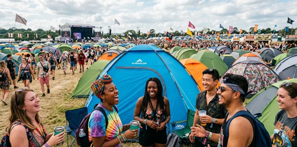 A group of friends using a pop up tent at a music festival demonstrating its convenience for social camping.