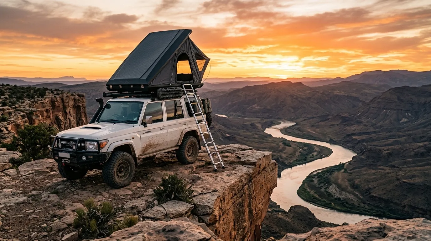 A technical hard shell roof top tent pitched on an SUV at a scenic mountain campsite.