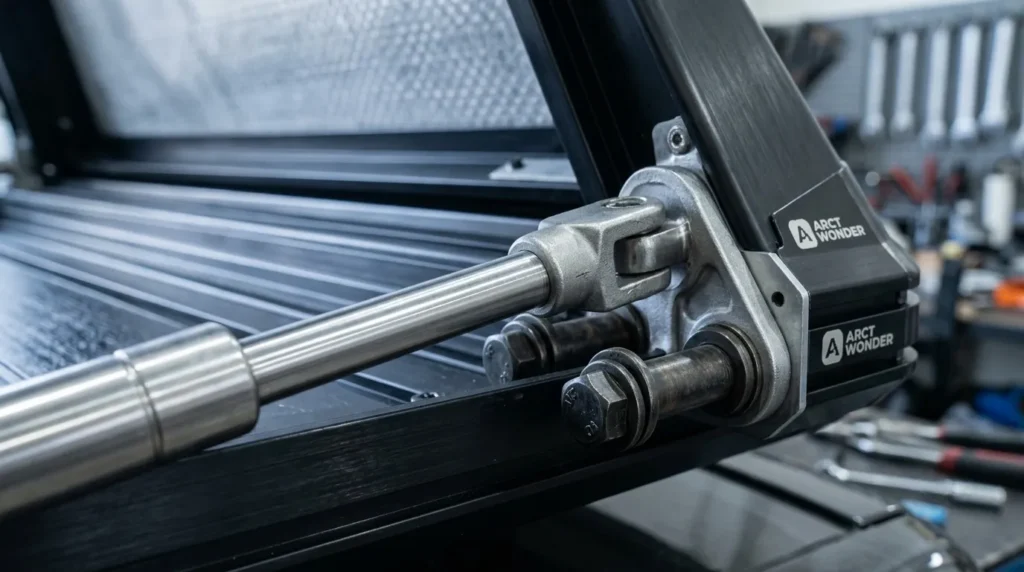 A close up of the high pressure gas struts used to open the Arctwonder roof top tent.