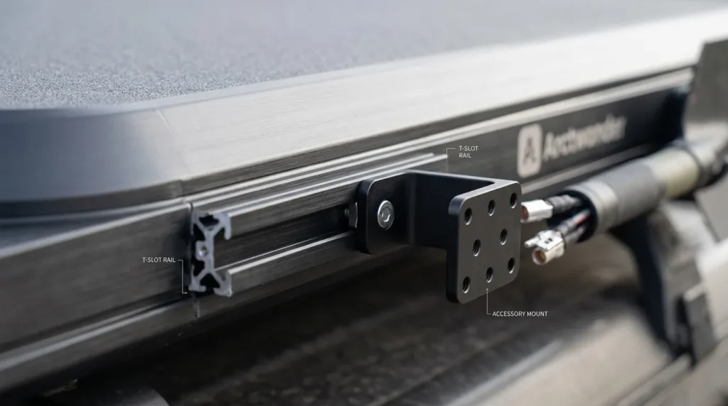 A detailed view of the integrated T-slot accessory rails on the side of an Arctwonder roof top tent.