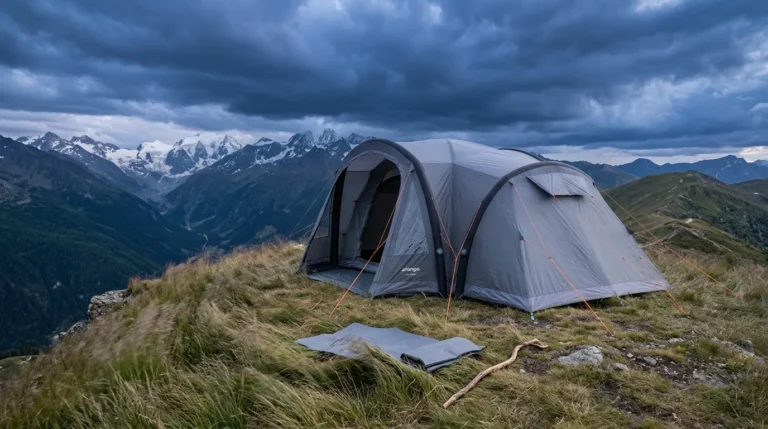An inflatable camping tent standing stable during a high wind storm on a mountain ridge.