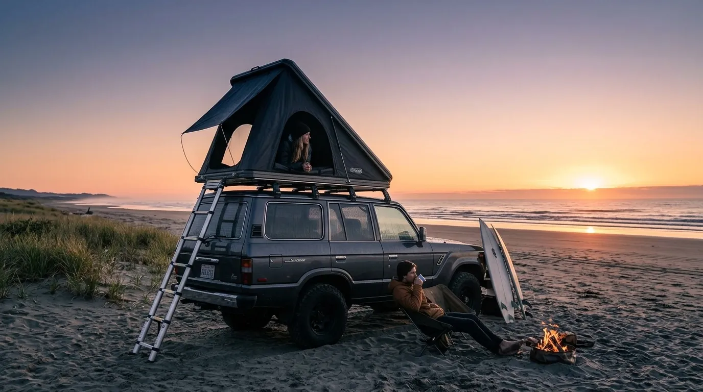 A camper enjoying the morning view from a rooftop tent on a beach.