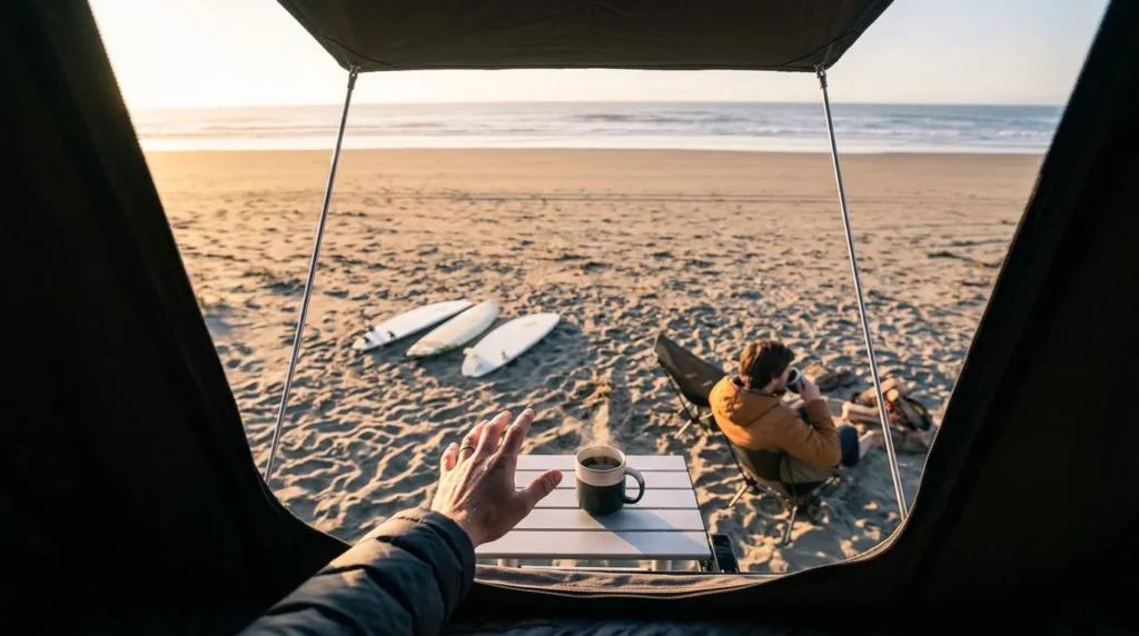 Are rooftop tents worth it? A camper enjoying the ease of a rooftop tent setup during a morning routine.