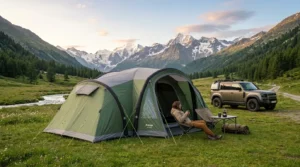 A high-quality inflatable camping tent with thick air beams set up in a mountain valley.