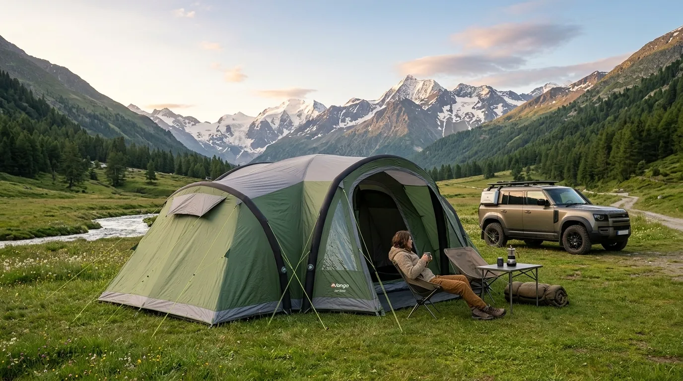 A high-quality inflatable camping tent with thick air beams set up in a mountain valley.