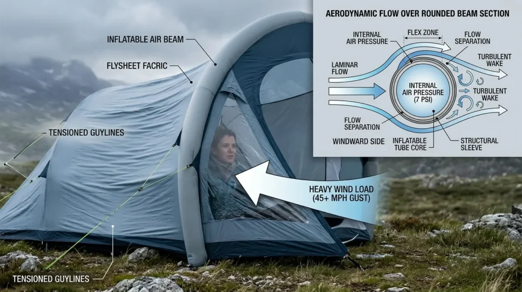 A technical view of the best inflatable tent air beam flexing in the wind without breaking.