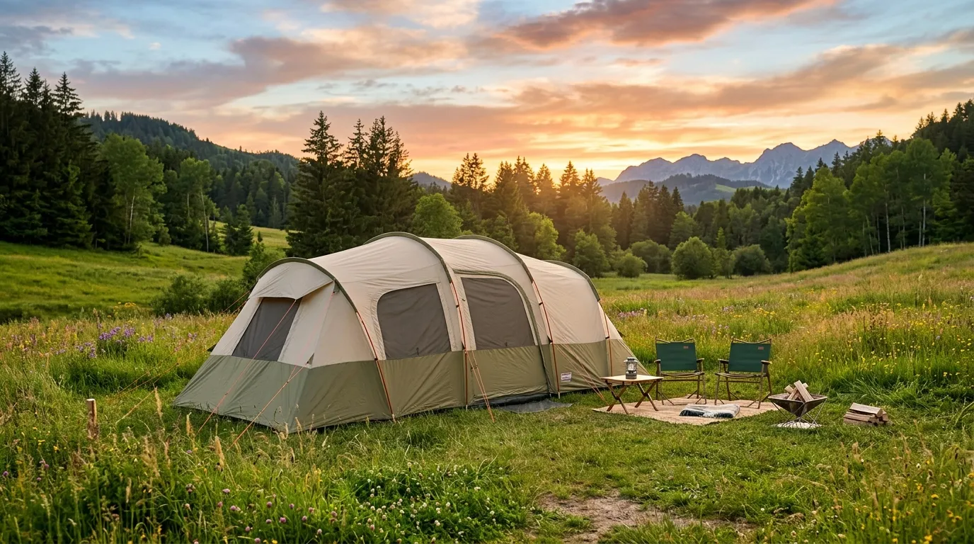 A large family camping tent pitched in a scenic meadow at sunset.
