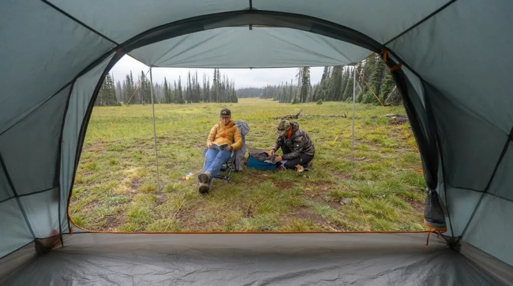 The front porch mode of a Big Agnes Bunk House 6 tent used as a living area.