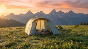 A Big Agnes Bunk House 6 technical family tent set up in a scenic mountain meadow.