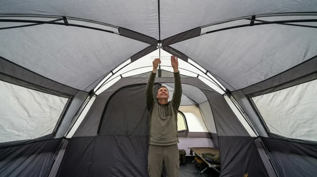 An adult standing inside the Browning Big Horn tent to demonstrate the 87-inch peak height.