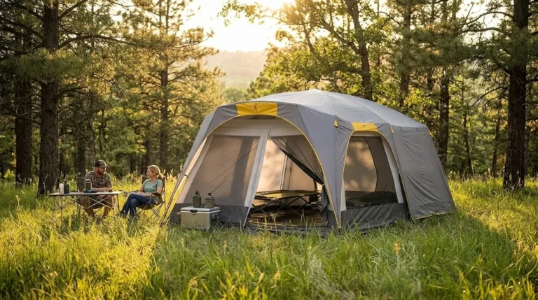 A Browning Big Horn tent for 8-person pitched at a forest campsite.