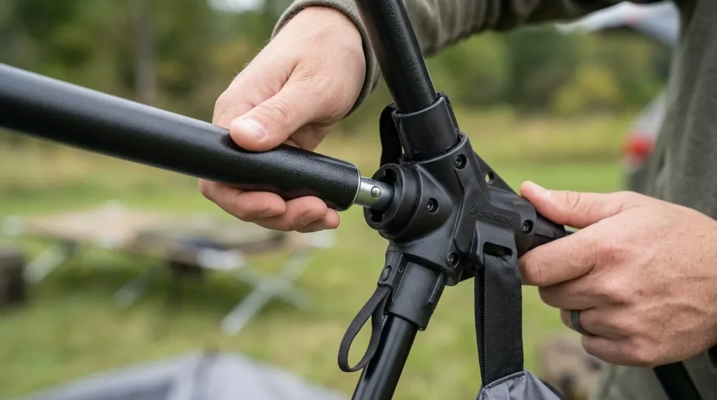 The heavy duty steel uprights and hub joints of a Browning Big Horn tent.